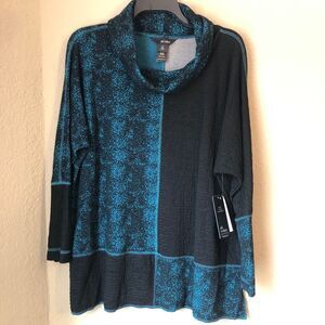 Ali Miles Women's Cowl Neck Sweater XL Teal Black Color-block Artsy 90s Style